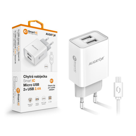 Múdra sieťová nabíjačka ALIGATOR 2,4A, 2xUSB, smart IC, biela, micro USB kábel